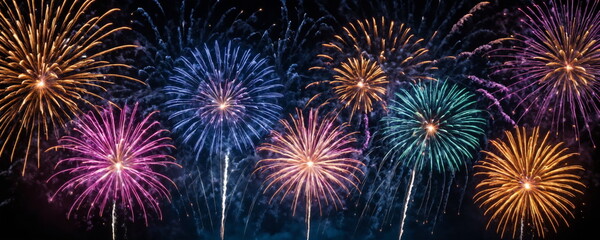 Fototapeta premium Vibrant Fireworks Display Lighting Up Night Sky During Festive Celebration