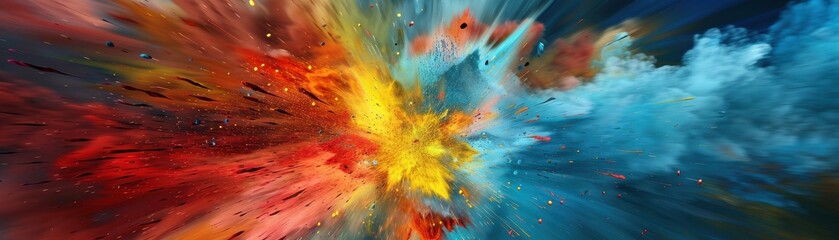 Vibrant abstract explosion of colorful paint in motion, blending red, yellow, blue, and orange in dynamic artistic flow.