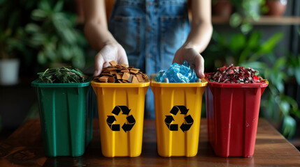 A row of colorful recycling bins with a focus on a yellow bin. Hands sorting items into bins, promoting environmental awareness and proper waste management.