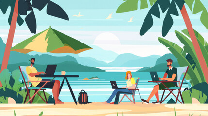 Obraz premium A group of people are sitting outside on a beach, working on their laptops