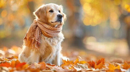 Pet Fall. Cute Dog Puppy with Scarf Sitting in Autumn Leaves for Happy Thanksgiving Background
