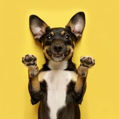 Smiling Black and White Dog Lying on Its Back With Paws Up