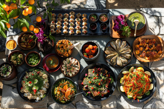Variety of Felinoinspired dishes displayed on ground for appreciation