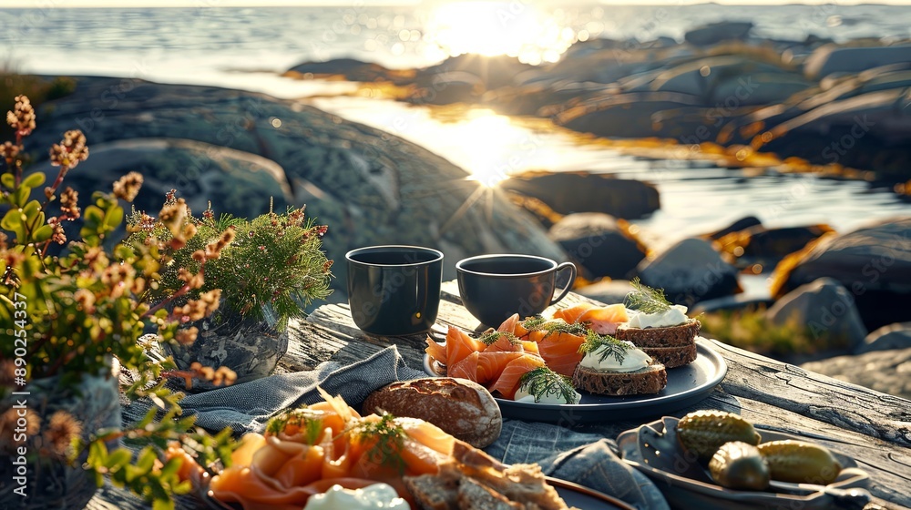 Canvas Prints A table with food and drinks on it, with a view of the ocean in the background