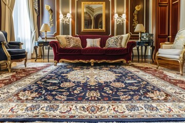 Fototapeta premium Oriental rug with traditional motifs, rich colors, centerpiece of a luxurious living room