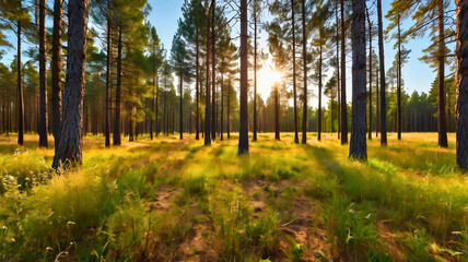Obraz premium Beautiful and bright nature of a small forest in summer. A beautiful field with dry grass, tall pine trees