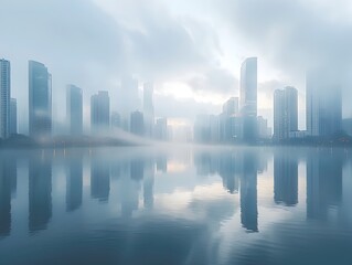 Misty Dawn Cityscape with Skyscrapers Reflected in Calm River