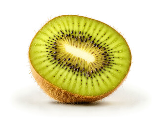 Slice of kiwi with surprised big eyes spinning with a whirl of tiny kiwi seeds