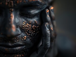 Mindfulness practice, closeup on a serene face in meditation, tranquility in the midst of chaos