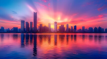 Vibrant City Skyline Reflected in Peaceful River at Sunset with Dramatic Sky