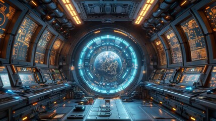 Futuristic spaceship control room with earth view - generative ai