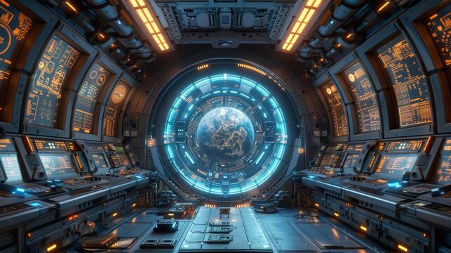 Futuristic spaceship control room with earth view - generative ai