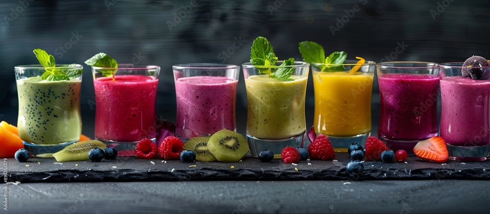 Poster A row of colorful smoothies with a variety of fruits and vegetables