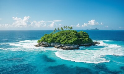 Aerial view of a tropical island with palm trees and clear turquoise water