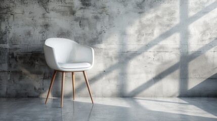 White Chair Modern Design. Single White Chair with Wood Legs in Room with Concrete Wall Background