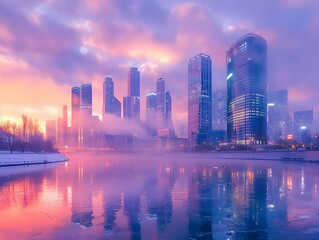 Fototapeta premium Majestic Skyline at Dawn with Misty Clouds Mirrored Skyscrapers Piercing the Serene Sky