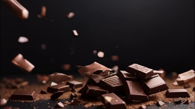 Flying pieces of chocolate against a dark background.         chocolate pieces in mid-air on a black background. AI-generated.