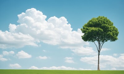 Obraz premium Green tree against blue sky with fluffy white clouds