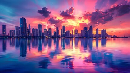 Fototapeta premium Stunning Sunset Over Vibrant City Skyline with Reflective Waterfront