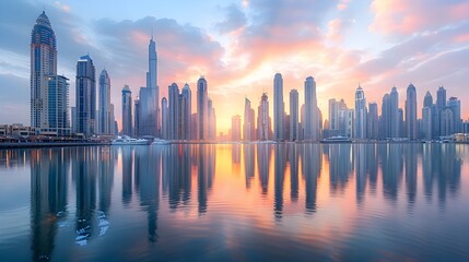 Obraz premium Breathtaking Panoramic View of Towering City Skyline Reflecting on Tranquil Harbor at Sunrise