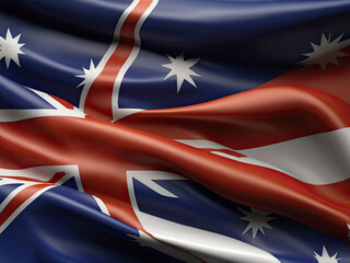 Australian flag waving against a clear blue sky with scattered clouds, symbolizing national pride and patriotism. Ideal for use in educational, governmental, and cultural content.