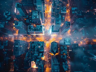 Fototapeta premium Aerial View of Illuminated Skyscrapers and Bustling City at Night