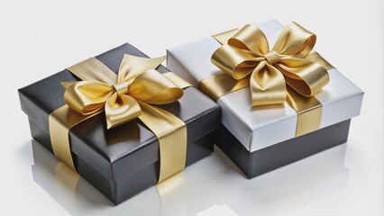 Luxurious white and black satin gift boxes with opulent golden bow, opened and closed, perfect for holiday and celebration designs.