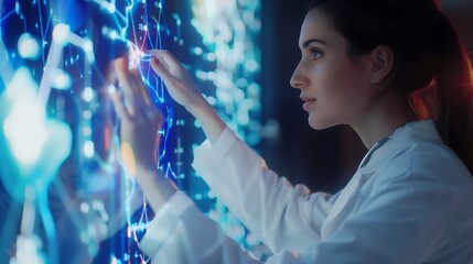 Woman in White Lab Coat Interacting With Digital Interface