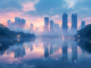 Obraz premium Misty City Skyline at Dawn with Tranquil Reflecting River and Peaceful Atmosphere