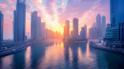 Naklejka premium Panoramic View of Serene Cityscape with High Rise Buildings and Busy Harbor at Sunrise or Sunset