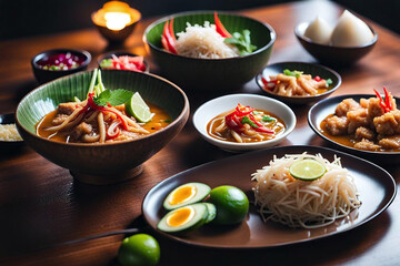 Group of favorite Thai Food, Tom Yam Kung, chicken, beef and pork on wood table.