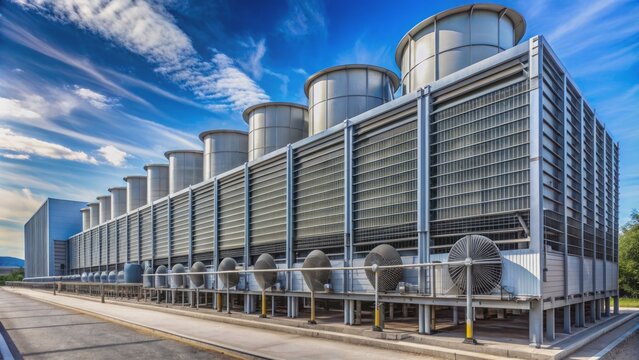 BANK of massive industrial cooling towers lining exterior walls of large modern data center facility with sleek architecture