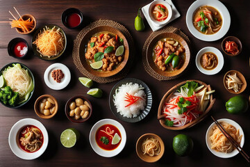 Group of favorite Thai Food, Tom Yam Kung, chicken, beef and pork on wood table.