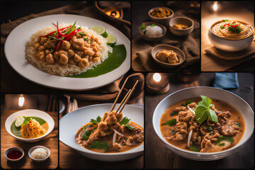 Group of favorite Thai Food, Tom Yam Kung, chicken, beef and pork on wood table.