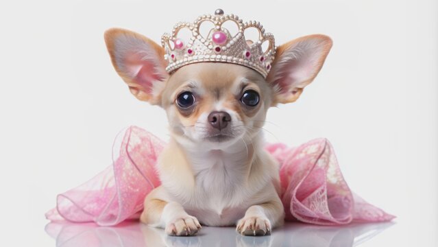 Adorable Chihuahua dog dressed as little princess wearing pink queen crown sitting regally on isolated transparent white background alone.