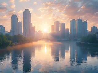 Dynamic Urban Skyline Reflected in Serene River at Sunrise