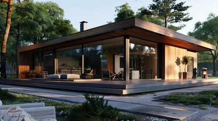 A contemporary, Scandinavian-style cabin with a sleek wood exterior, large glass windows, and minimalist decor.
