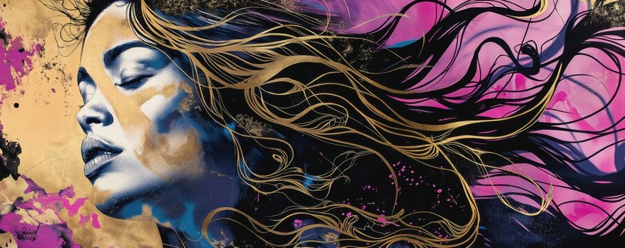 Ethereal Beauty: A Woman's Face Transformed with Gold and Marble Adornments, Surrounded by Vivid Ink Art . Surreal and Poetic Imagery with Flowing Hair and Vibrant Colors .