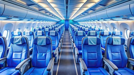 Fototapeta premium Interior view of an empty airplane cabin featuring rows of blue seats, ready for passengers.