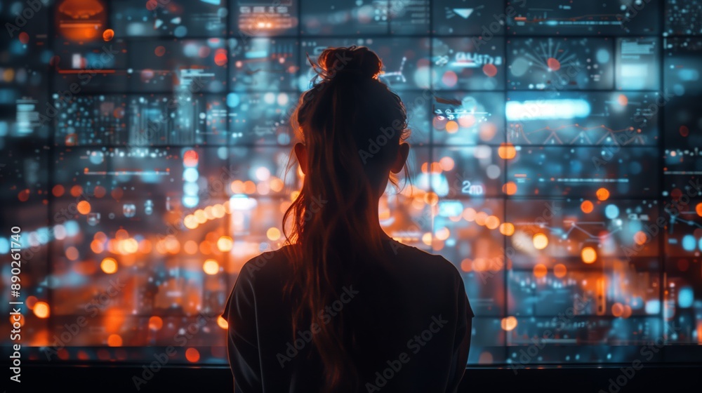 Poster woman analyzing data on large digital screen. woman analyzes complex data visualizations on a large 