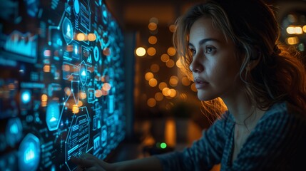 Woman Interacting with Digital Cloud Interface. Woman interacts with a digital cloud interface, highlighting modern technology and data analysis in a collaborative environment.
