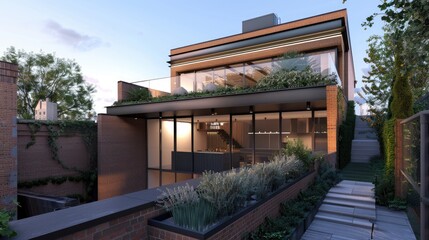 Fototapeta premium A contemporary urban house with a sleek brick facade, rooftop terrace, and small urban garden.