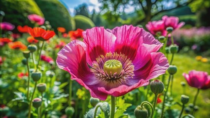 Vibrant opium poppy bloom amidst lush green foliage in a serene German summer garden, surrounded by delicate petals and subtle shadows.