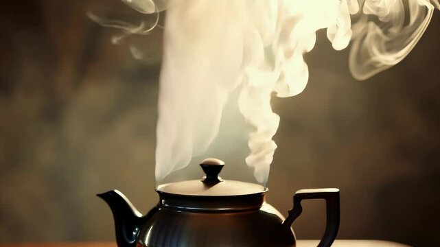Steaming Teapot on a Wooden Table