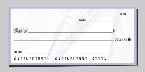 Blank bank cheque paper template mockup with wave line pattern design. Vector