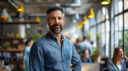 Obraz premium Confident Business Leader Interacting with Young Entrepreneurs in a Modern Urban Coworking Space