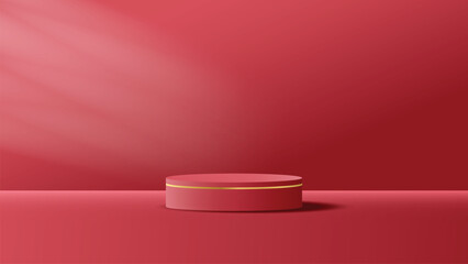 Realistic 3D cylinder stand pedestal Red Podium, cool light and shadow minimal podium scene with platform, stand to show cosmetic products, Stage showcase platform mockup or jewelry product display.