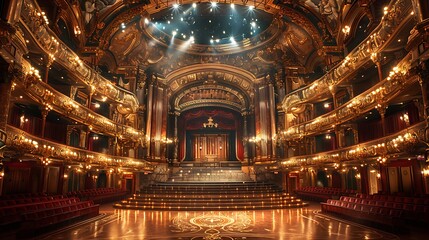 Obraz premium Prestigious award ceremony flyer featuring an open area opera house with grand decor and spotlighted stage with a writing space on the right side for award winners and congratulatory wishes