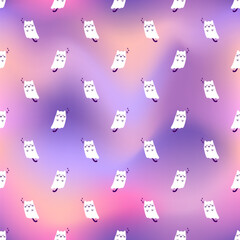 Cute halloween pattern with sleeping ghost cats on pink holographic background. Vector flying Halloween characters, cartoon kittens spirit. Kawaii ghost print for wrapping paper texture, decoration.