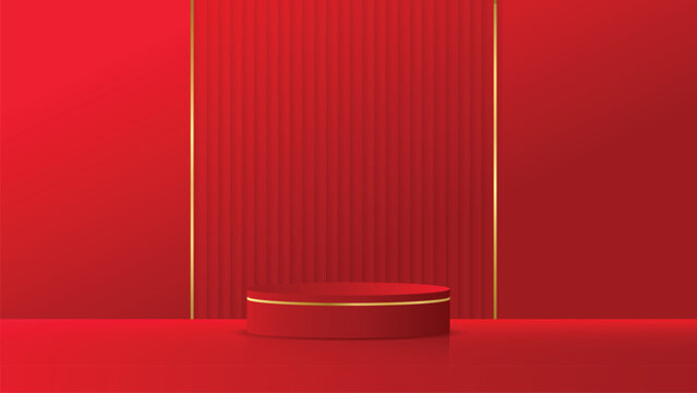 Realistic 3D cylinder stand pedestal Red Podium,studio light and shadow minimal luxury podium scene with platform, stand to show cosmetic products, Stage showcase platform mockup or jewelry display
